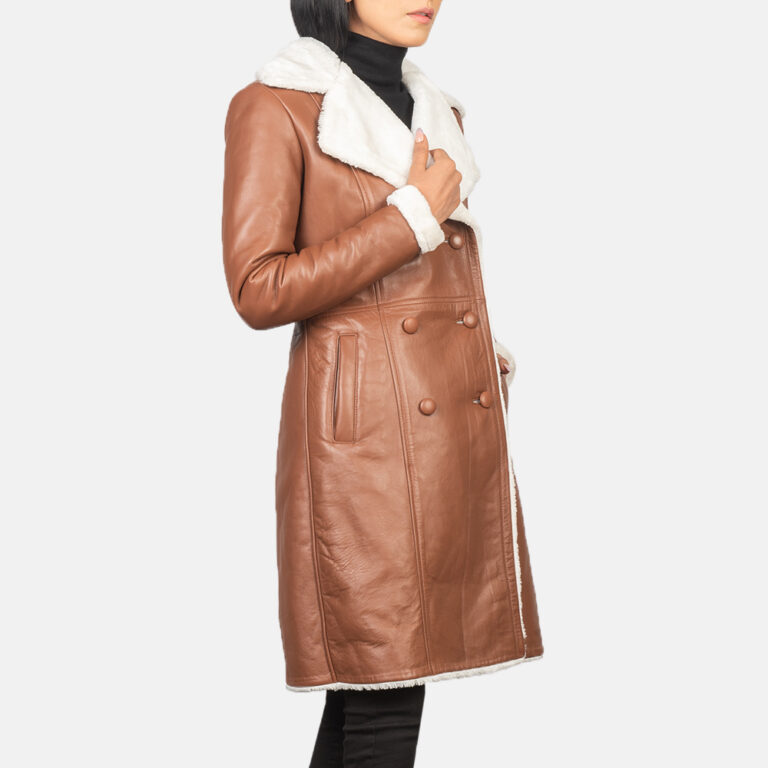 Womens Amie Brown Double Breasted Shearling Coat Open Front-4-1652199375003